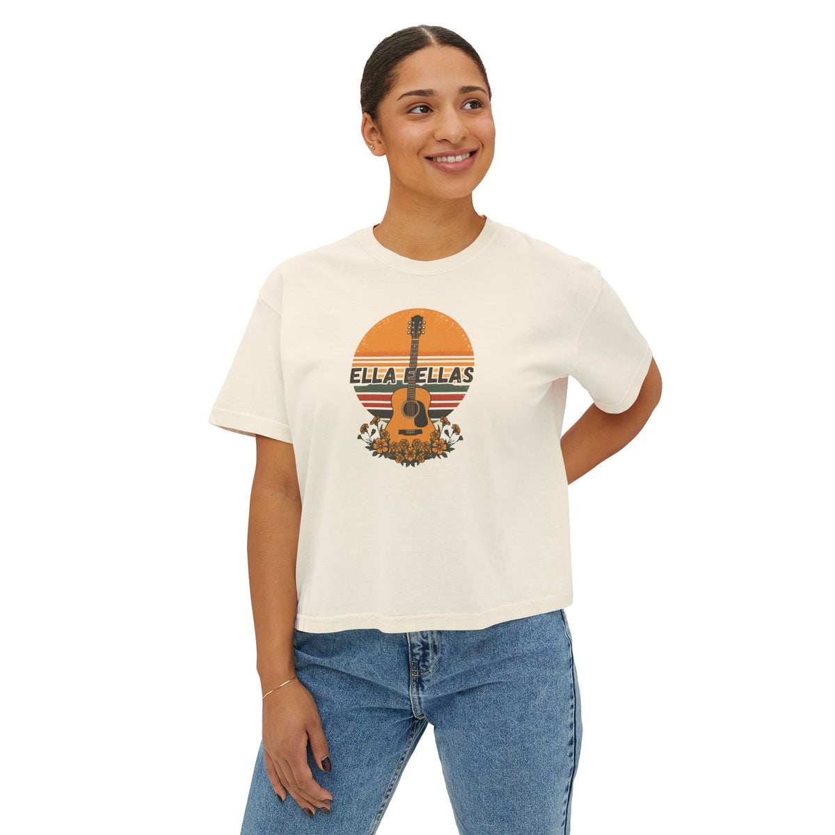 Guitar Sunset womens boxy tee in Ivory — model front