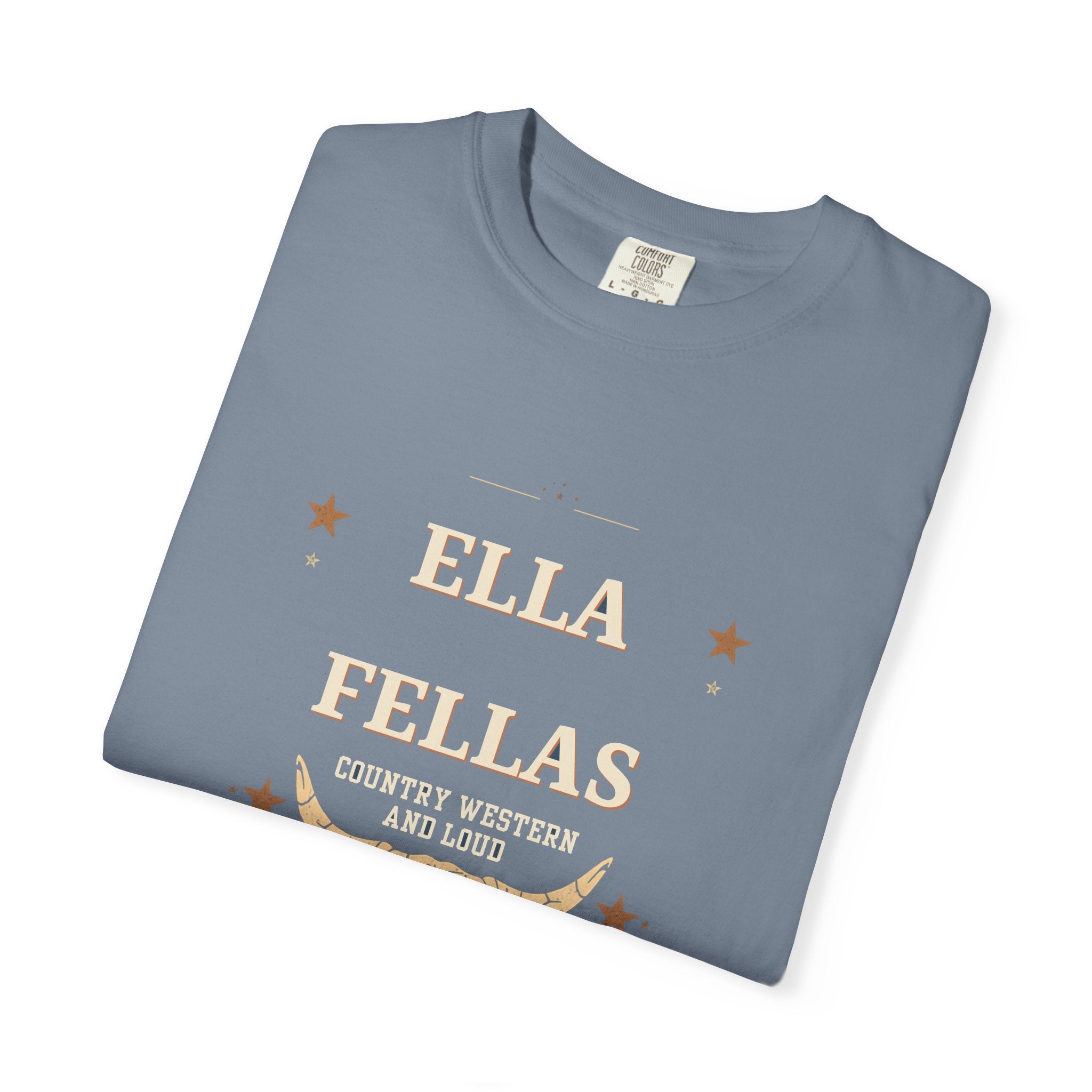 Rodeo Longhorn tee in Blue Jean, folded showing the front graphic — Ella Fellas