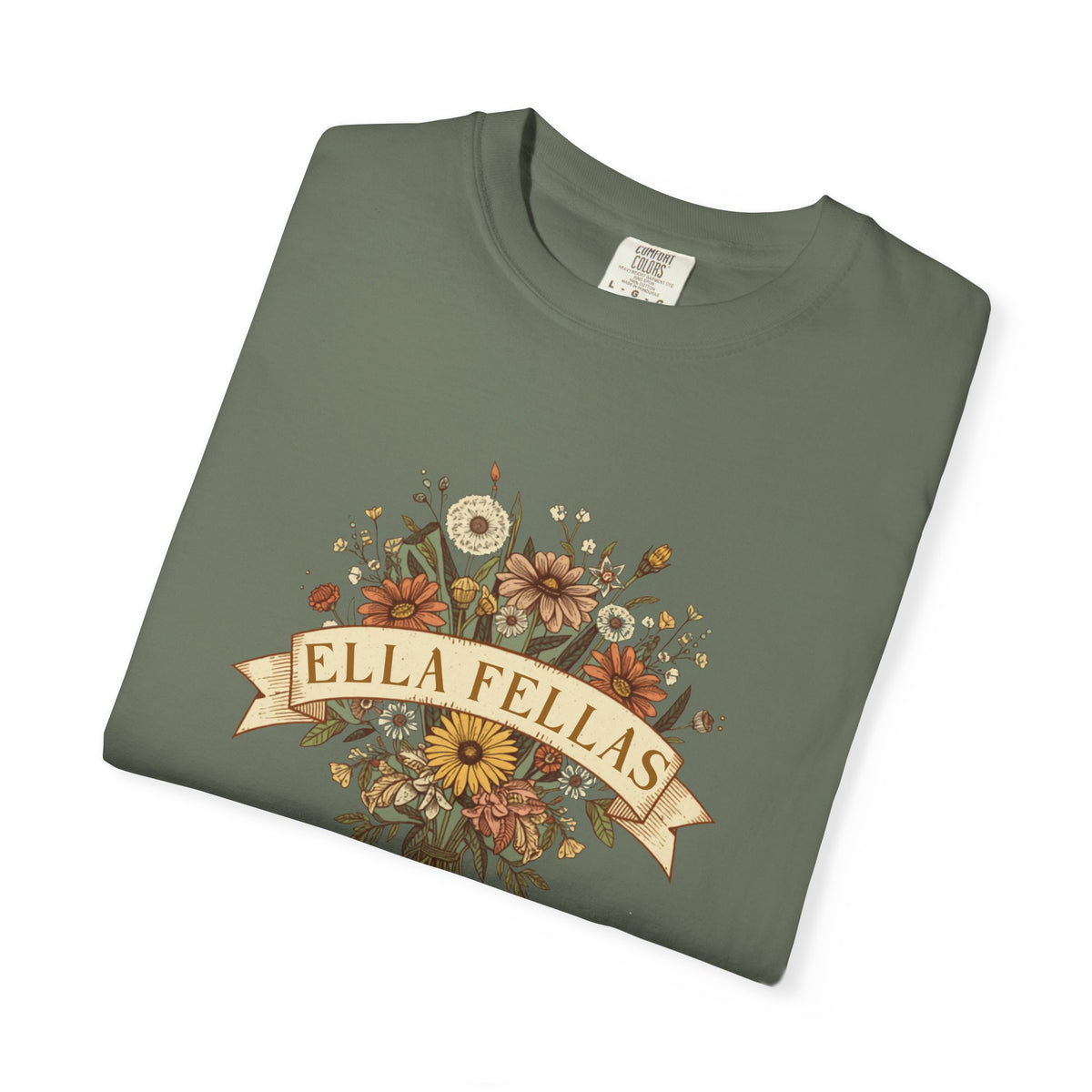 Wildflower Bouquet tee in Moss, folded showing the front graphic — Ella Fellas