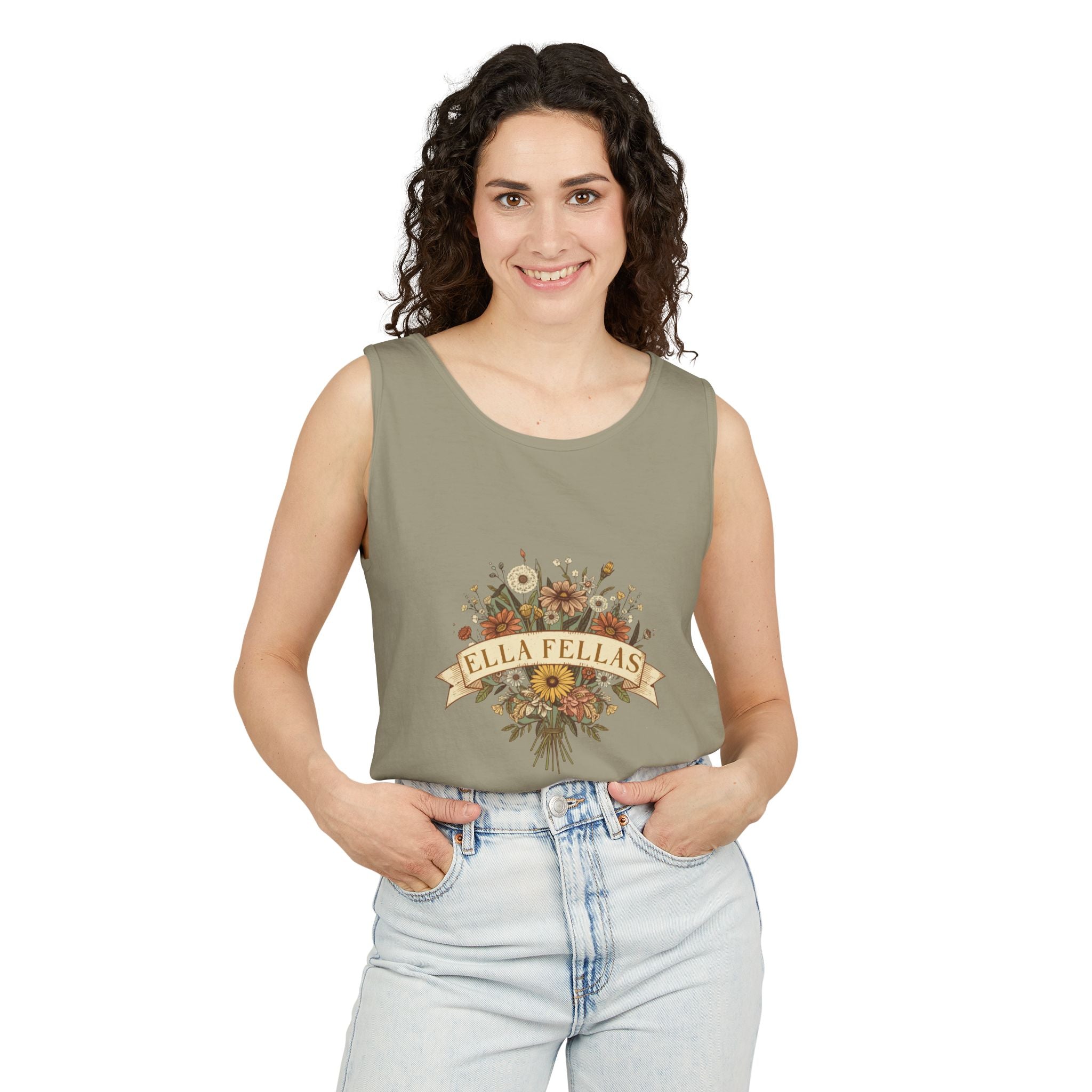 Woman wearing the Wildflower Bouquet tank top in Sandstone, front — Ella Fellas