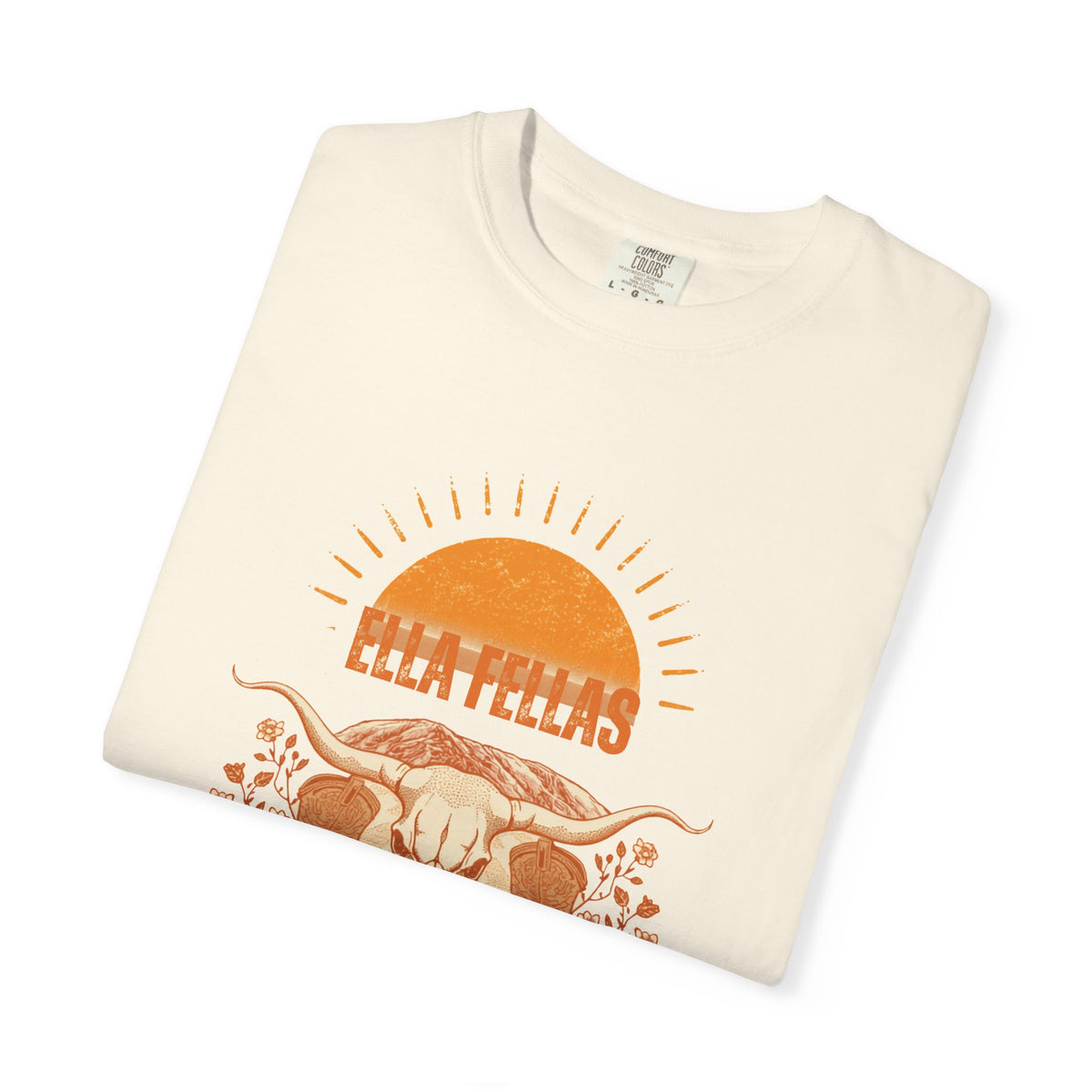 Longhorn Sunburst tee in Ivory, folded showing the front graphic — Ella Fellas