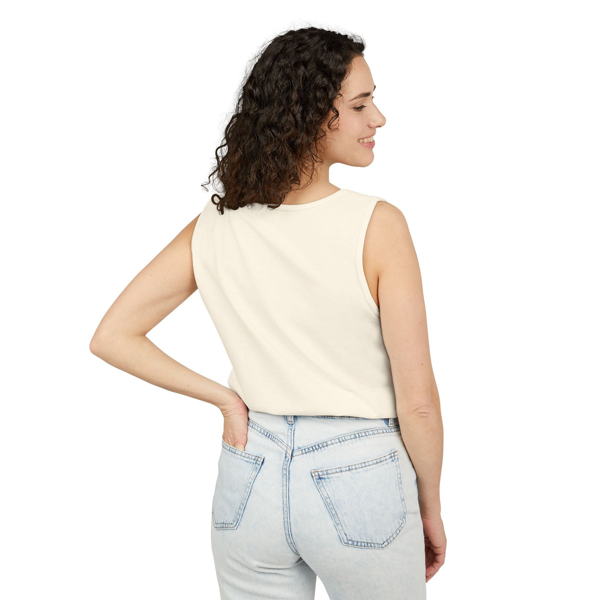 Woman wearing the Cowgirl Hat tank top in Ivory, back — Ella Fellas