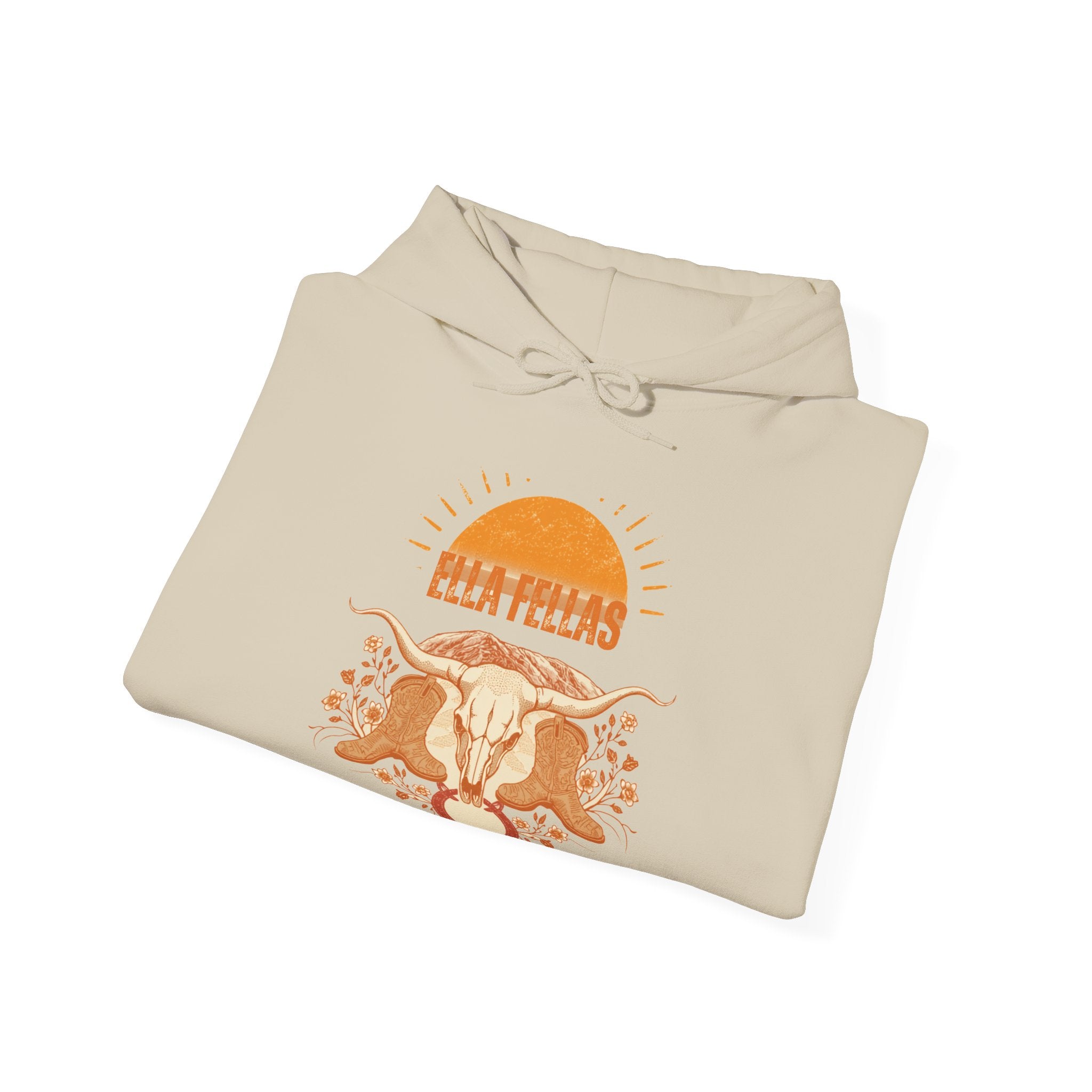 Longhorn Sunburst hoodie in Sand, folded — Ella Fellas