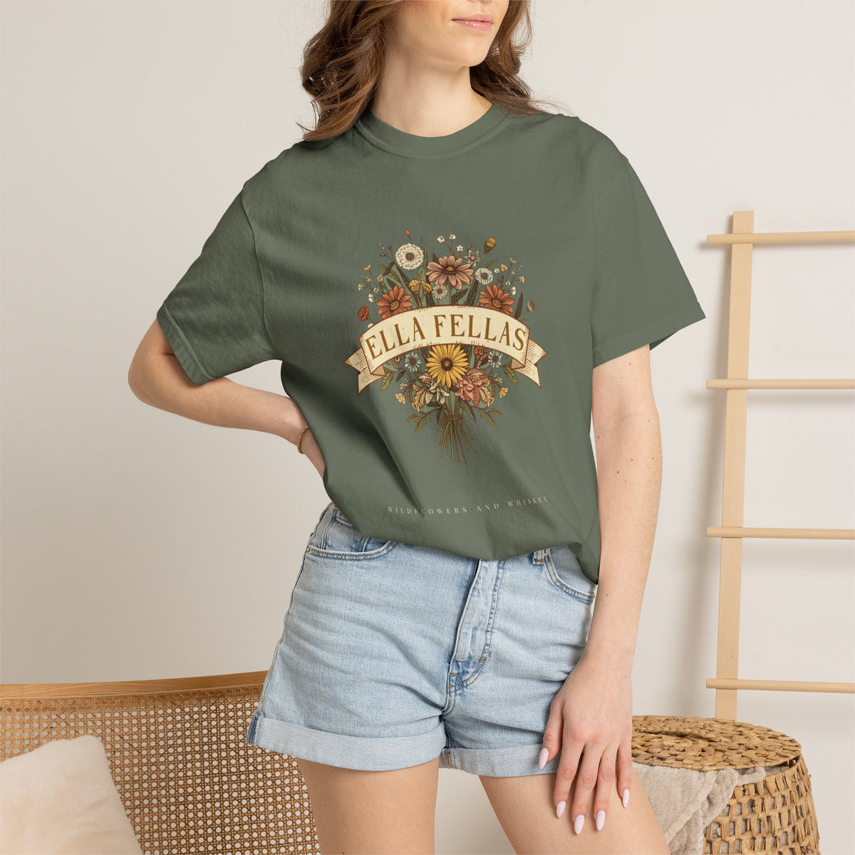Woman wearing the Wildflower Bouquet tee in Moss — Ella Fellas
