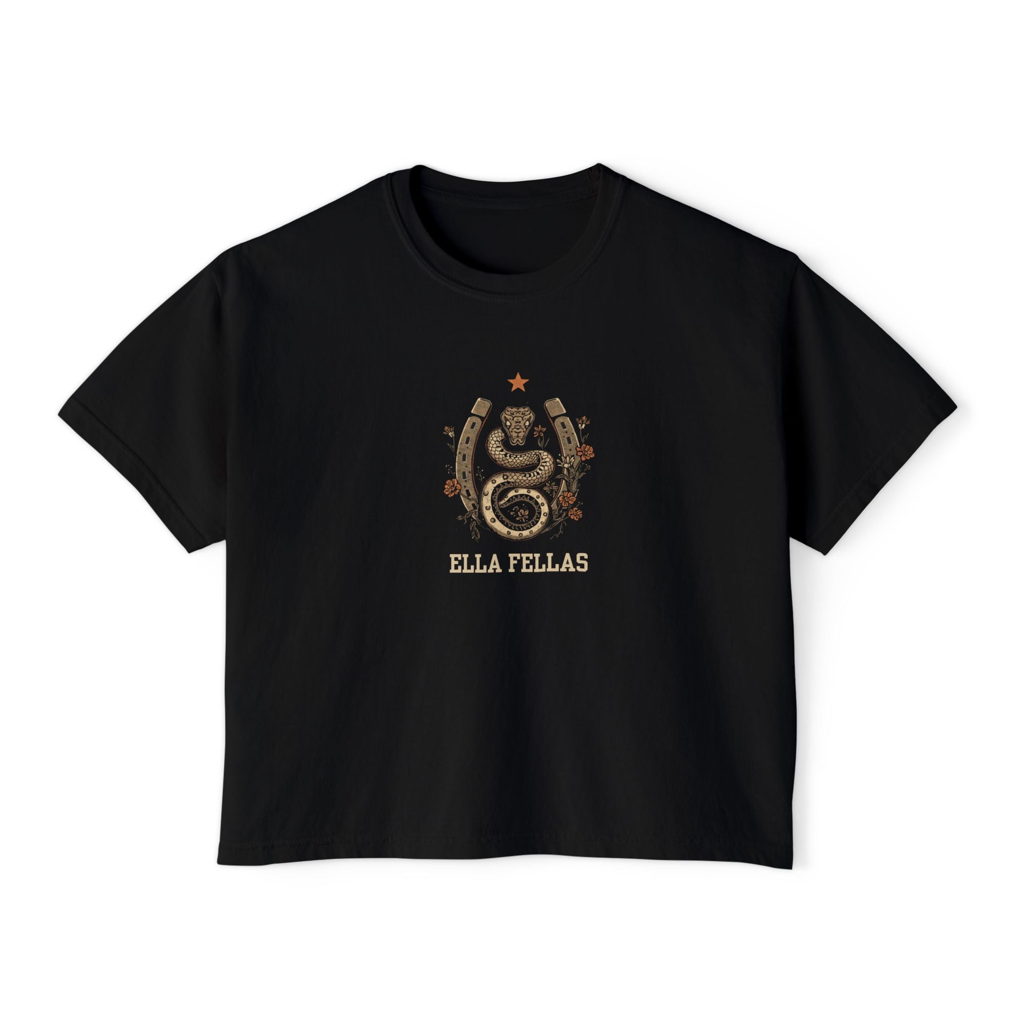 Snake and Horseshoe boxy tee in black — Ella Fellas