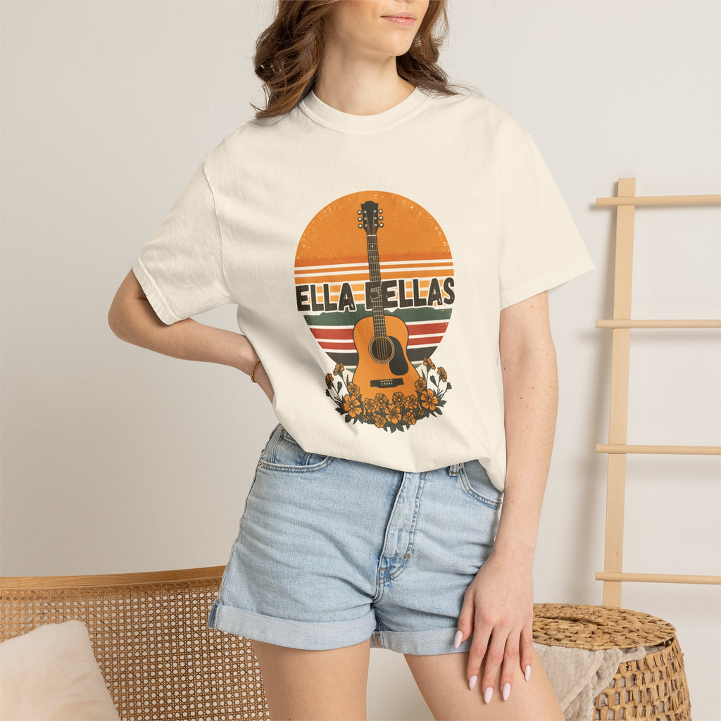 Woman wearing the Guitar Sunset tee in Ivory — Ella Fellas