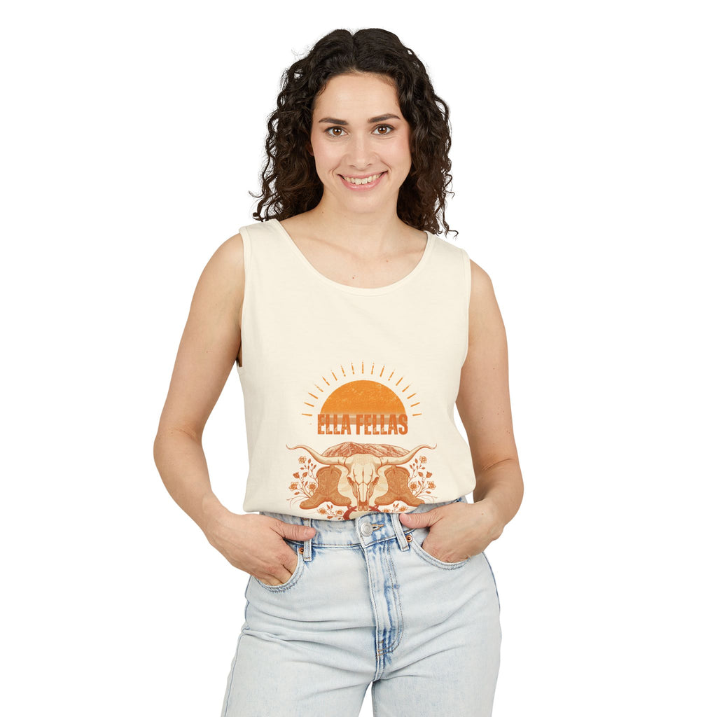 Woman wearing the Longhorn Sunburst tank top in Ivory, front — Ella Fellas