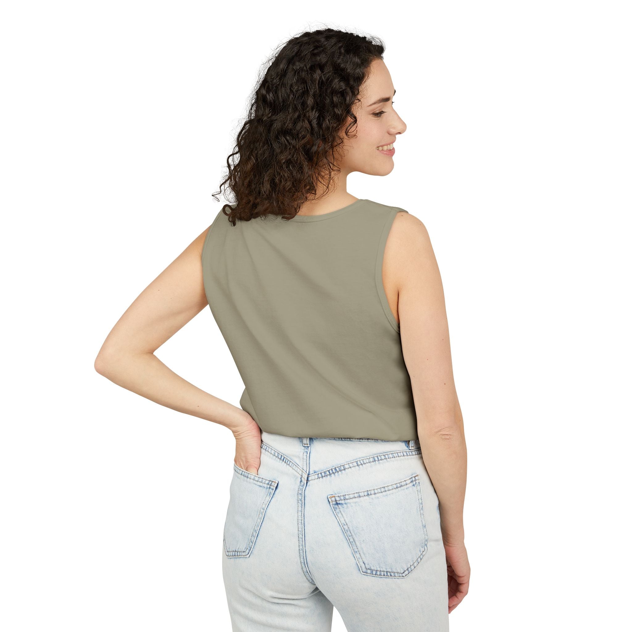 Woman wearing the Wildflower Bouquet tank top in Sandstone, back — Ella Fellas