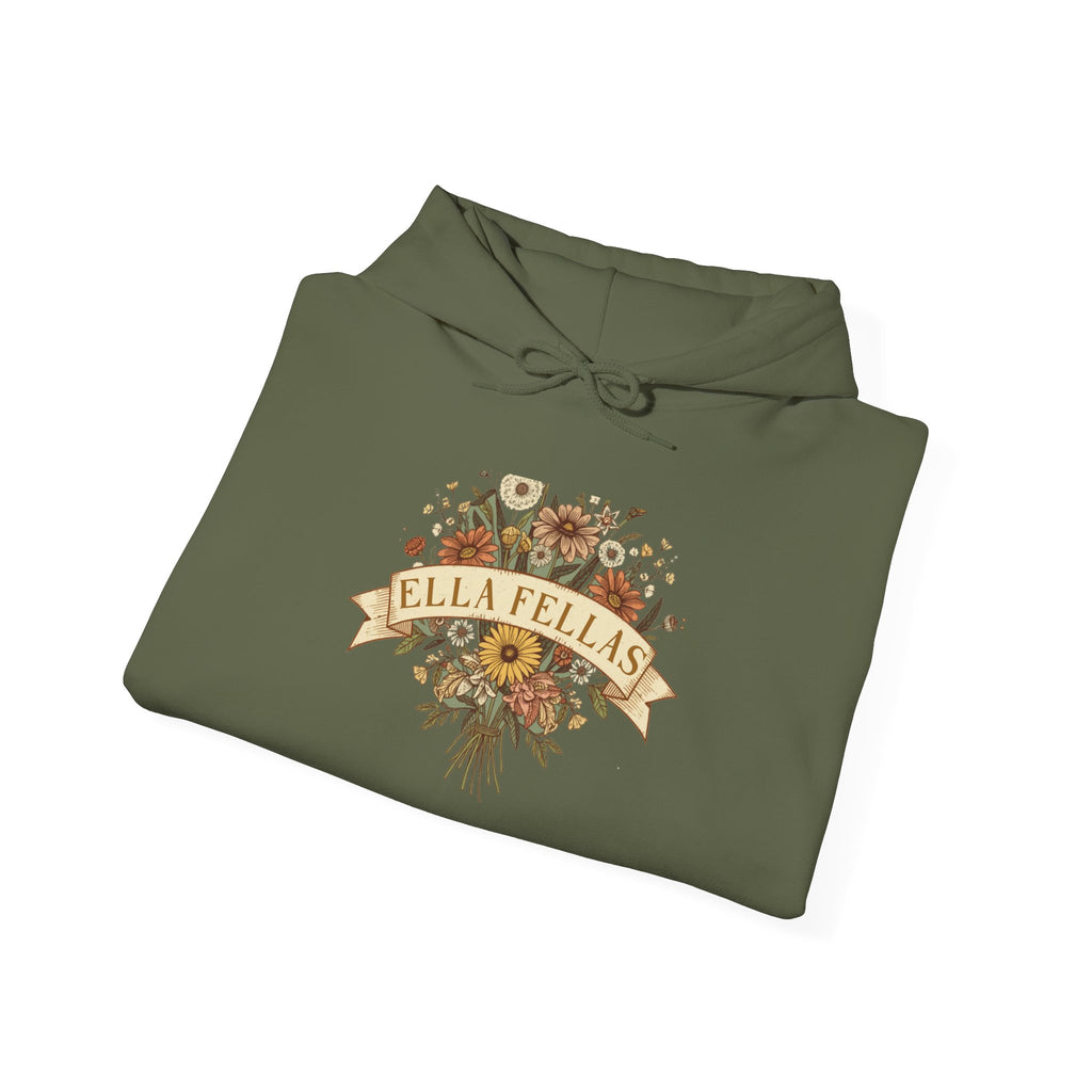 Wildflower Bouquet hoodie in Military Green, folded — Ella Fellas