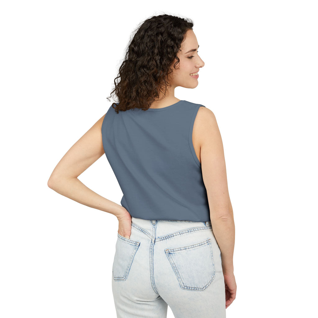 Woman wearing the Rodeo Longhorn tank top in Blue Jean, back — Ella Fellas