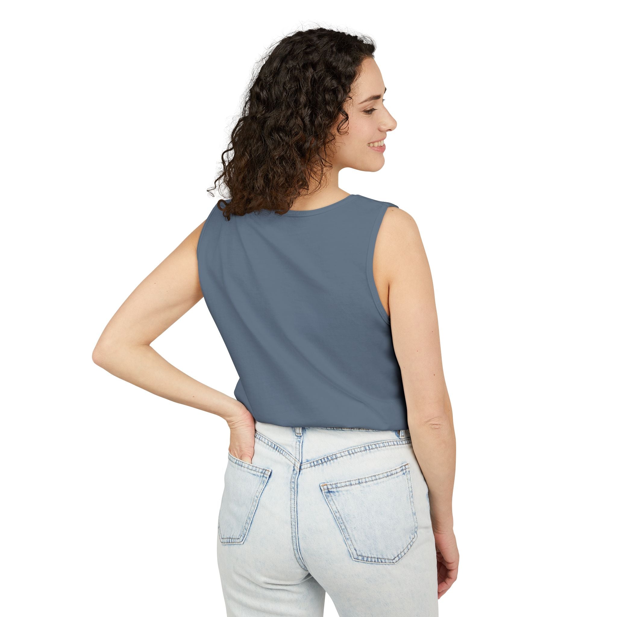 Woman wearing the Rodeo Longhorn tank top in Blue Jean, back — Ella Fellas