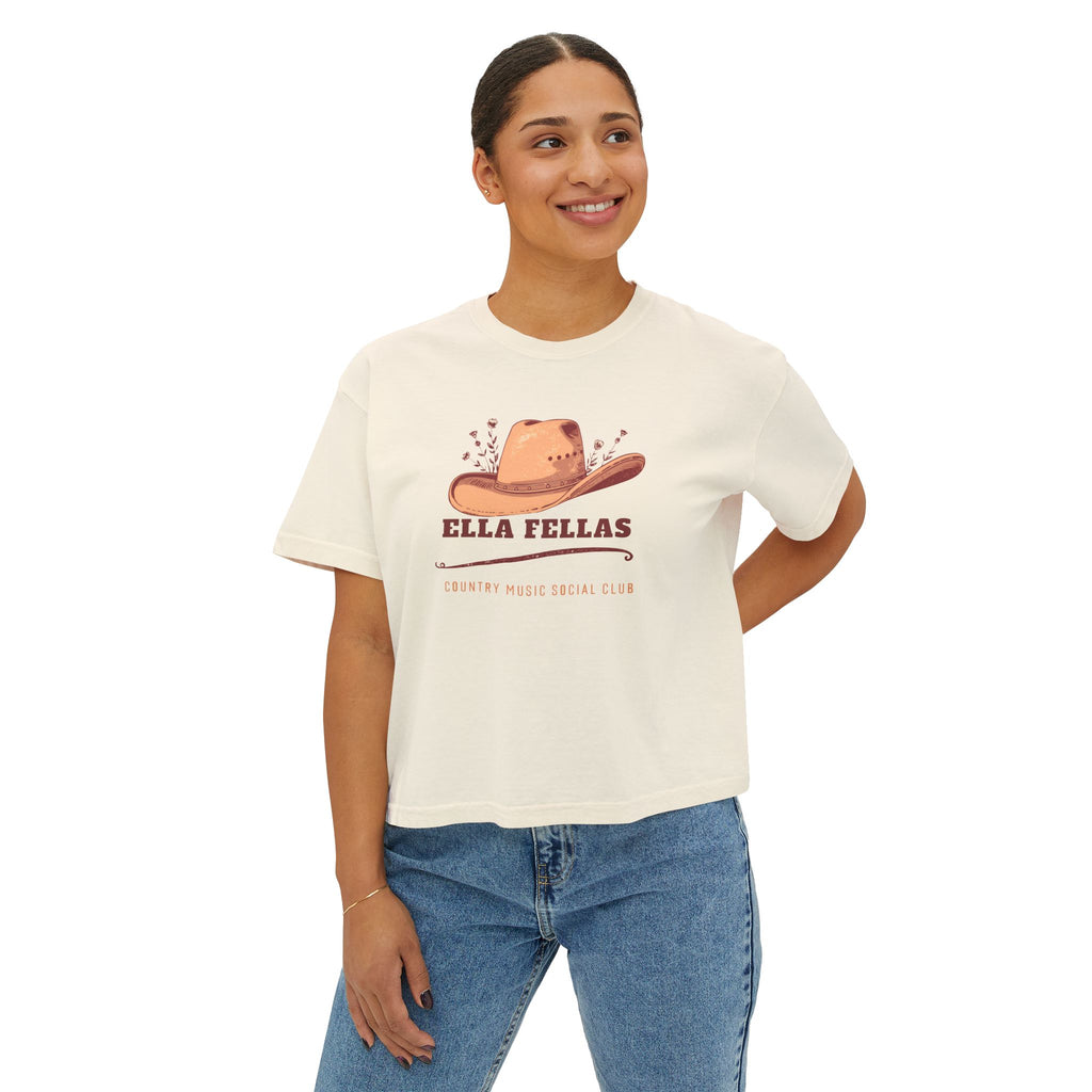 Cowgirl Hat womens boxy tee in Ivory, model front — Ella Fellas