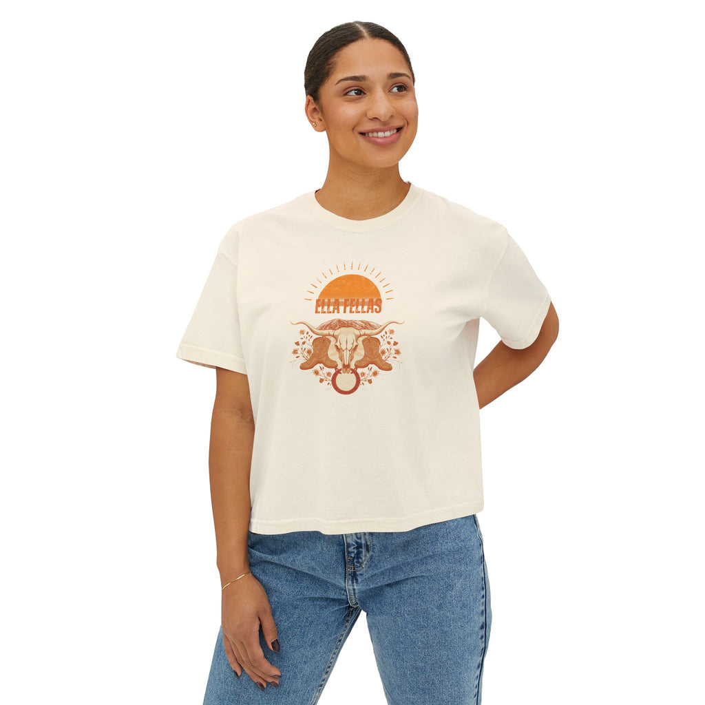 Longhorn Sunburst womens boxy tee in Ivory, model front — Ella Fellas