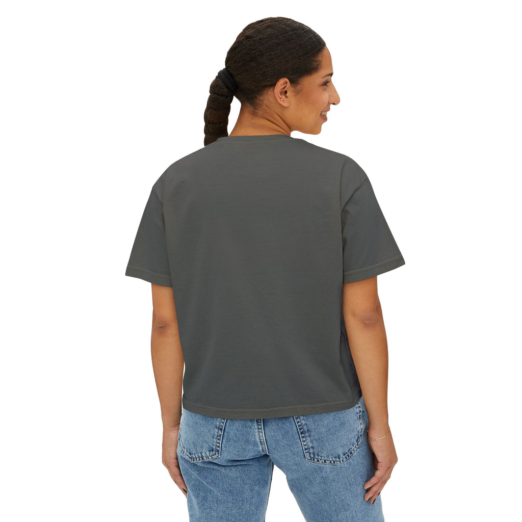 Wildflower Bouquet womens boxy tee in Pepper, model back — Ella Fellas