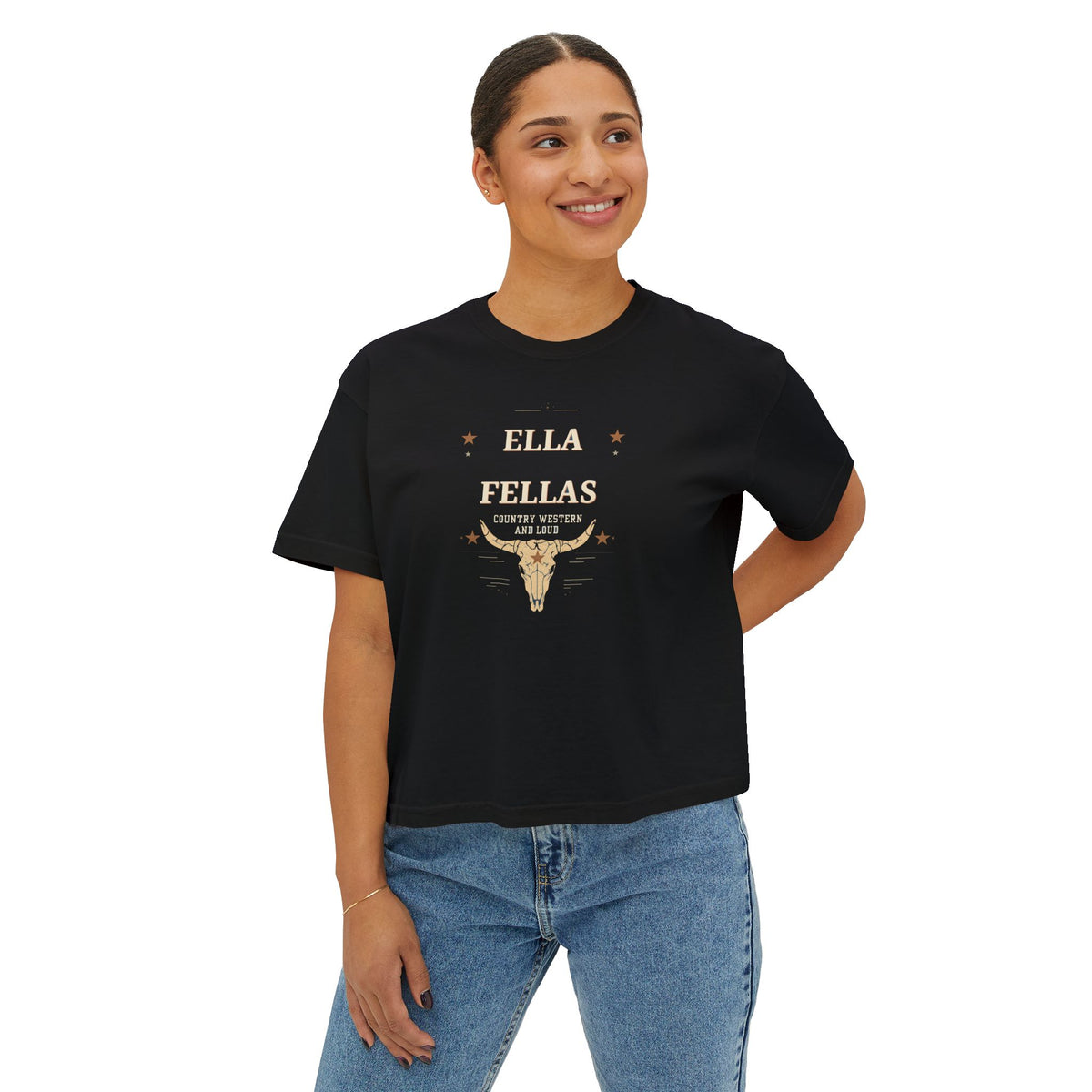 Rodeo Longhorn womens boxy tee in Black — model front