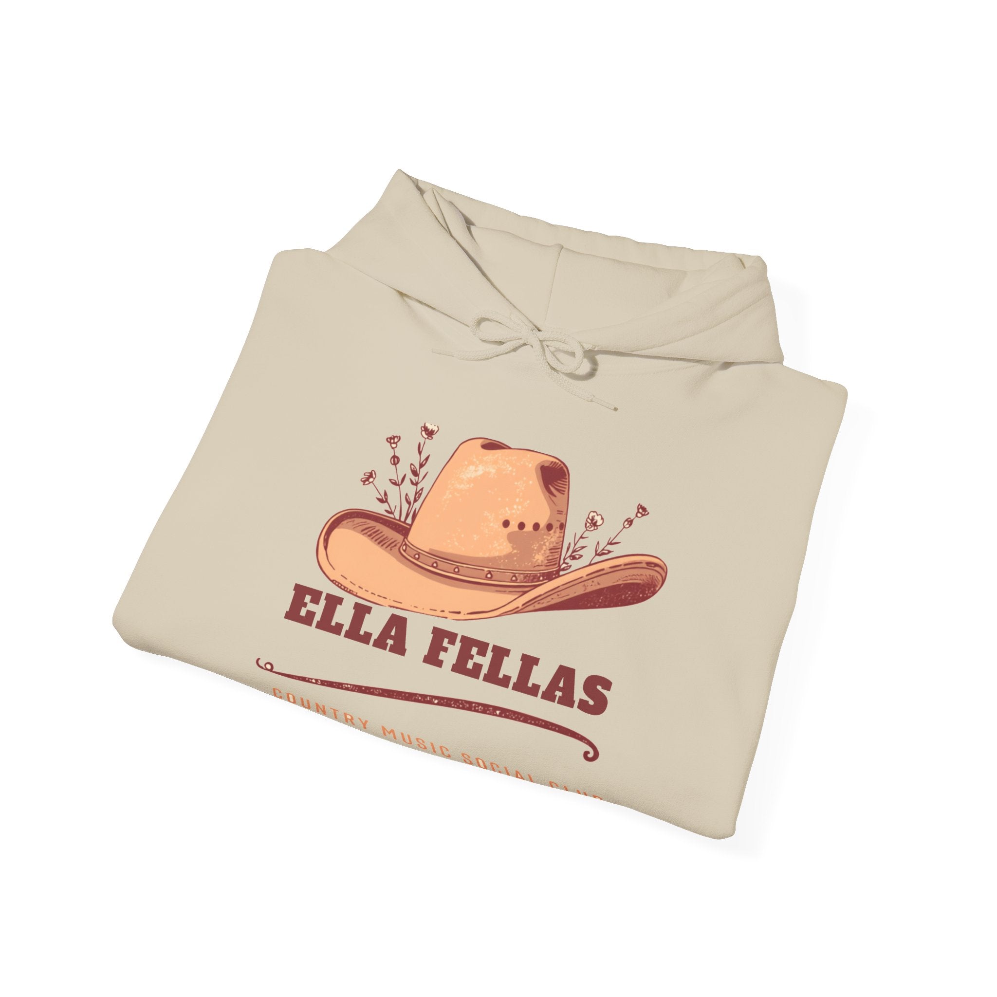 Cowgirl Hat hoodie in Sand, folded showing the front graphic — Ella Fellas