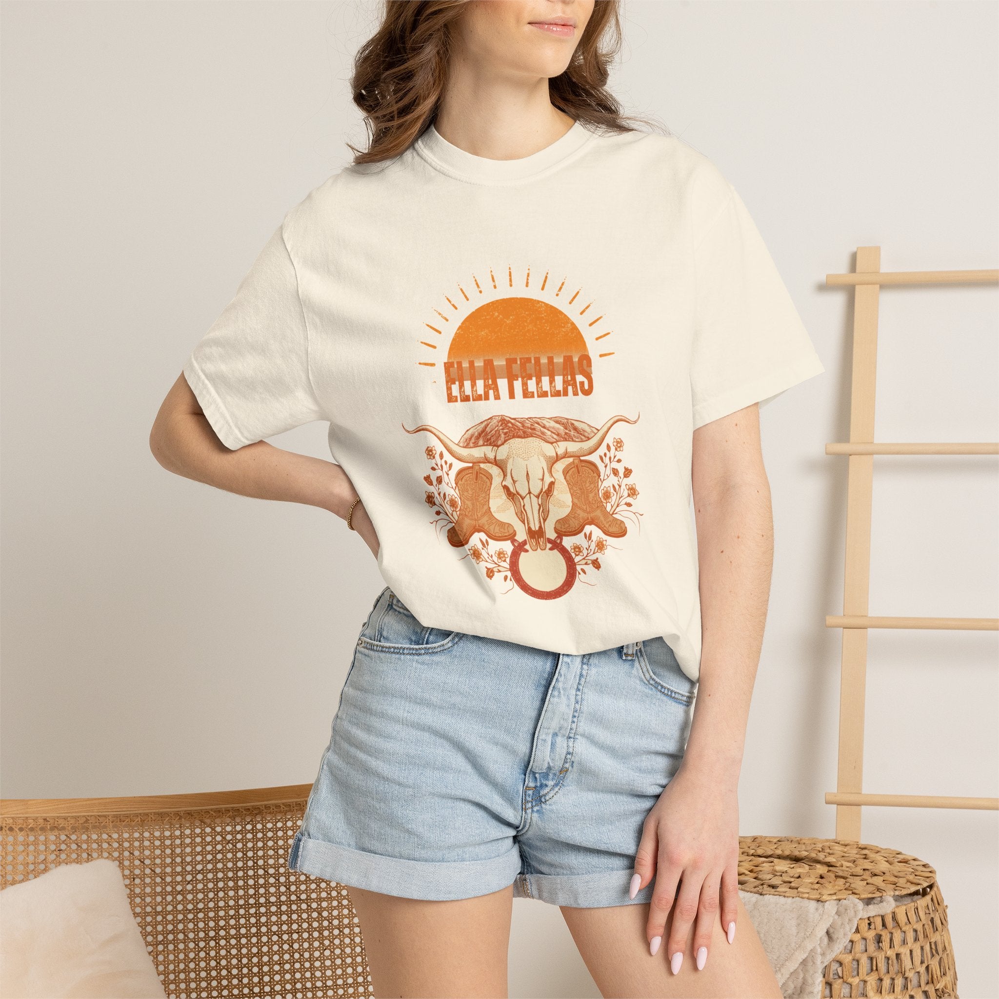 Woman wearing the Longhorn Sunburst tee in Ivory — Ella Fellas