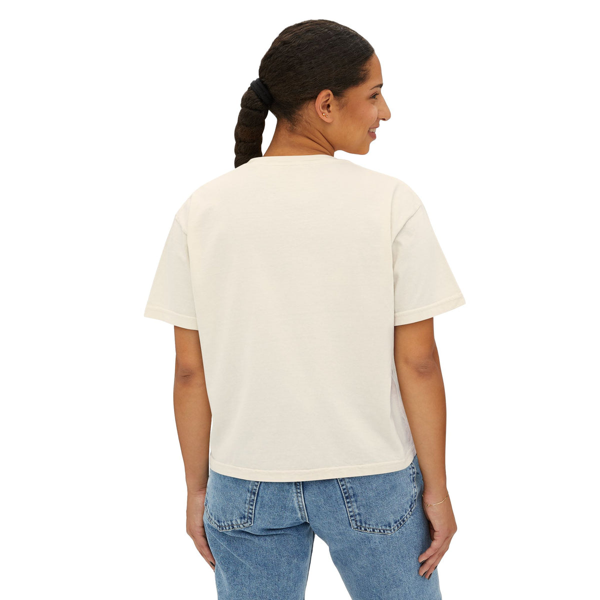Guitar Sunset womens boxy tee in Ivory — model back