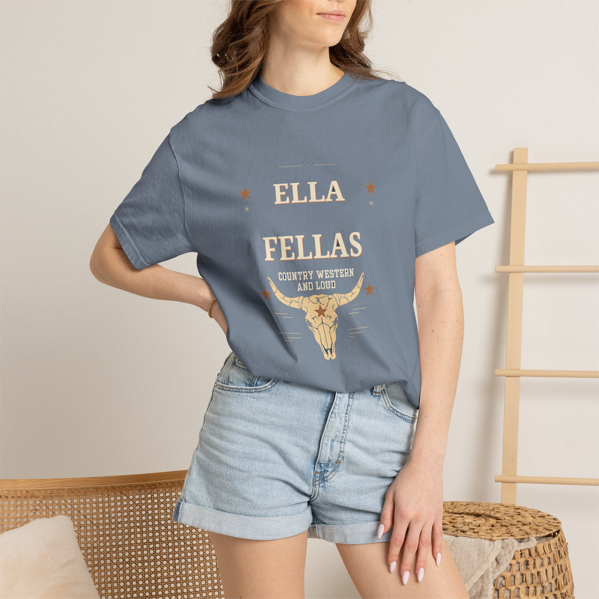 Woman wearing the Rodeo Longhorn tee in Blue Jean — Ella Fellas