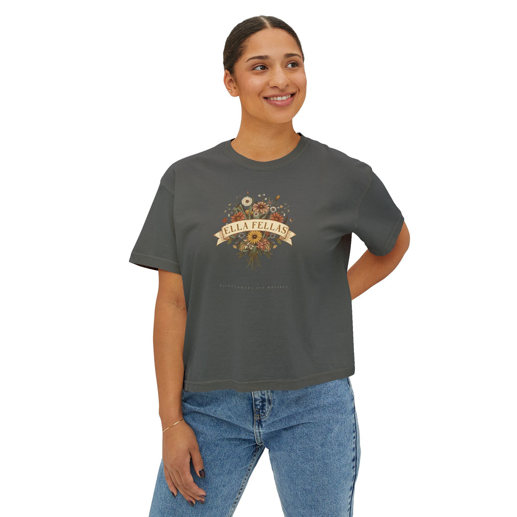 Wildflower Bouquet womens boxy tee in Pepper, model front — Ella Fellas