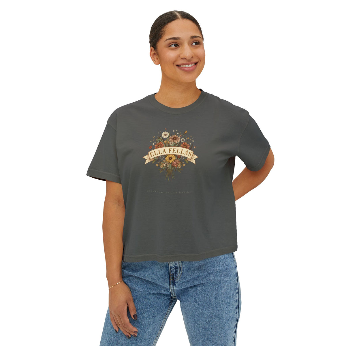 Wildflower Bouquet womens boxy tee in Pepper, model front — Ella Fellas