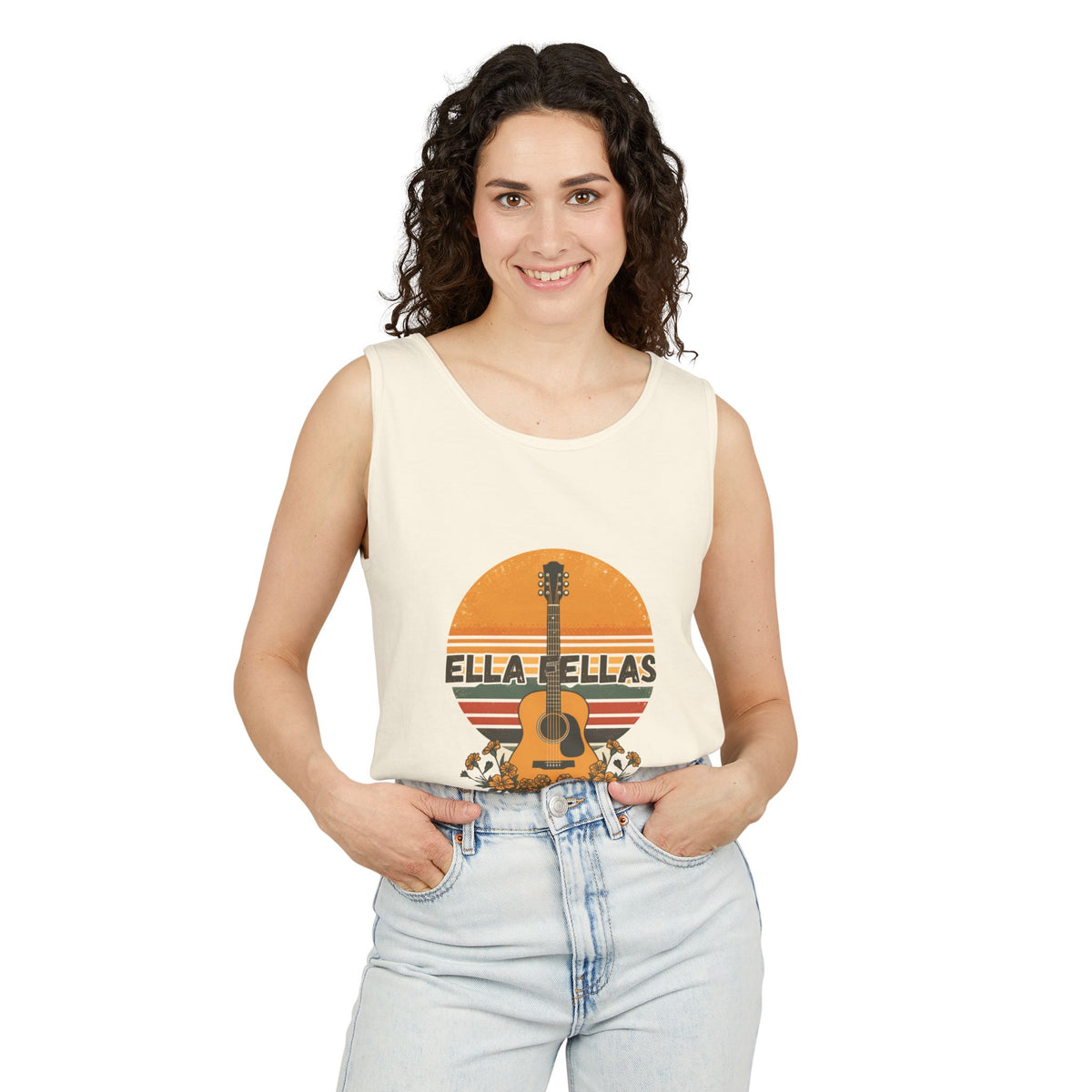 Woman wearing the Guitar Sunset tank top in Ivory, front — Ella Fellas