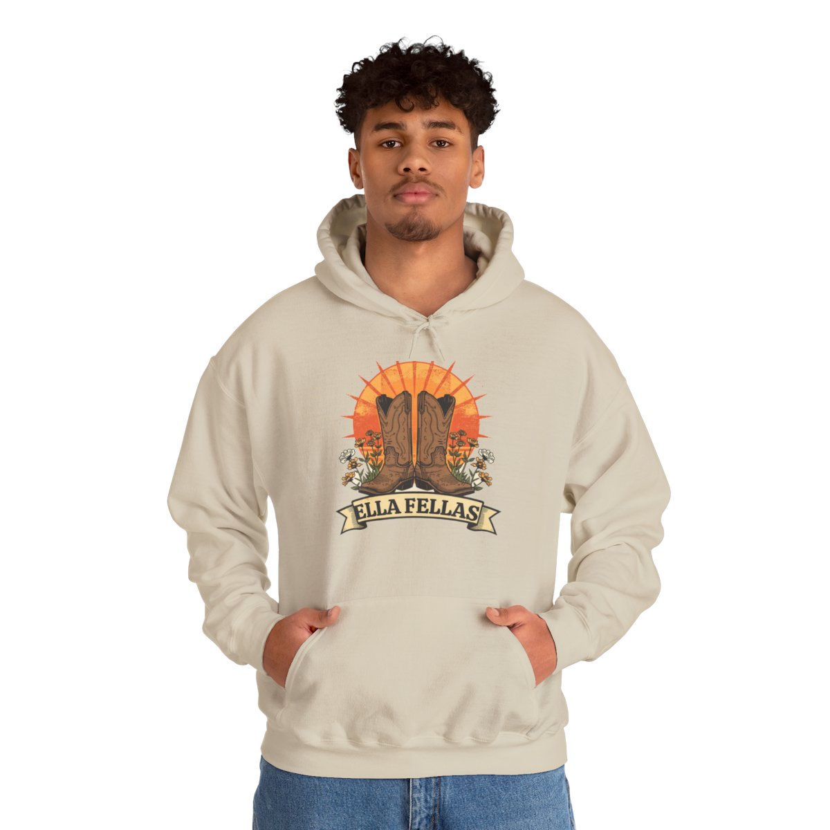 Man wearing the Ella Fellas Boots and Banner hoodie in sand