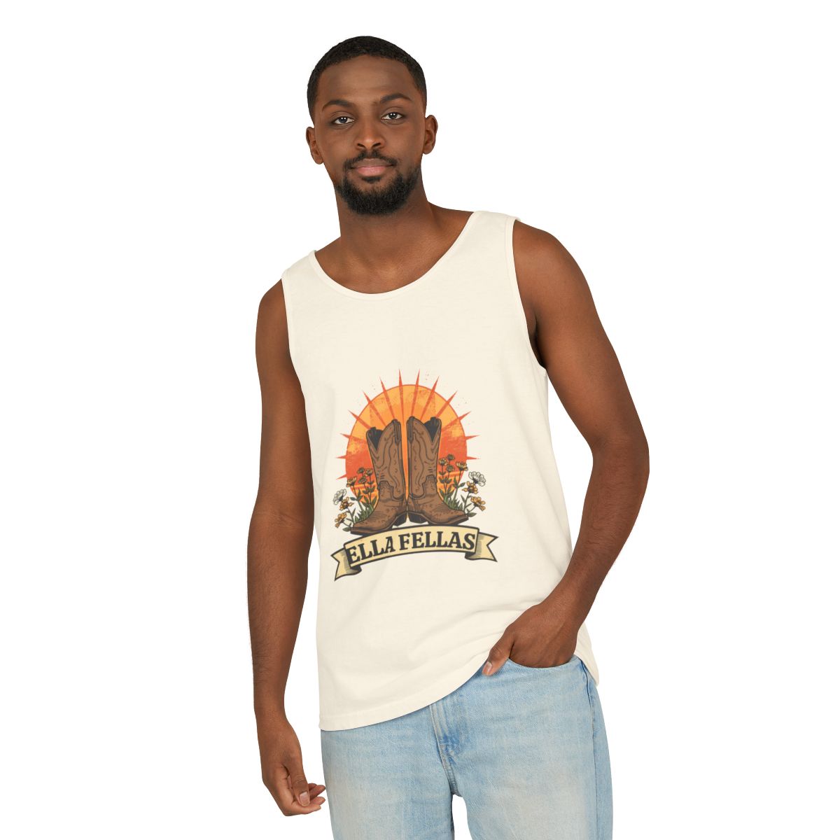 Man wearing the Ella Fellas Boots and Banner tank in ivory