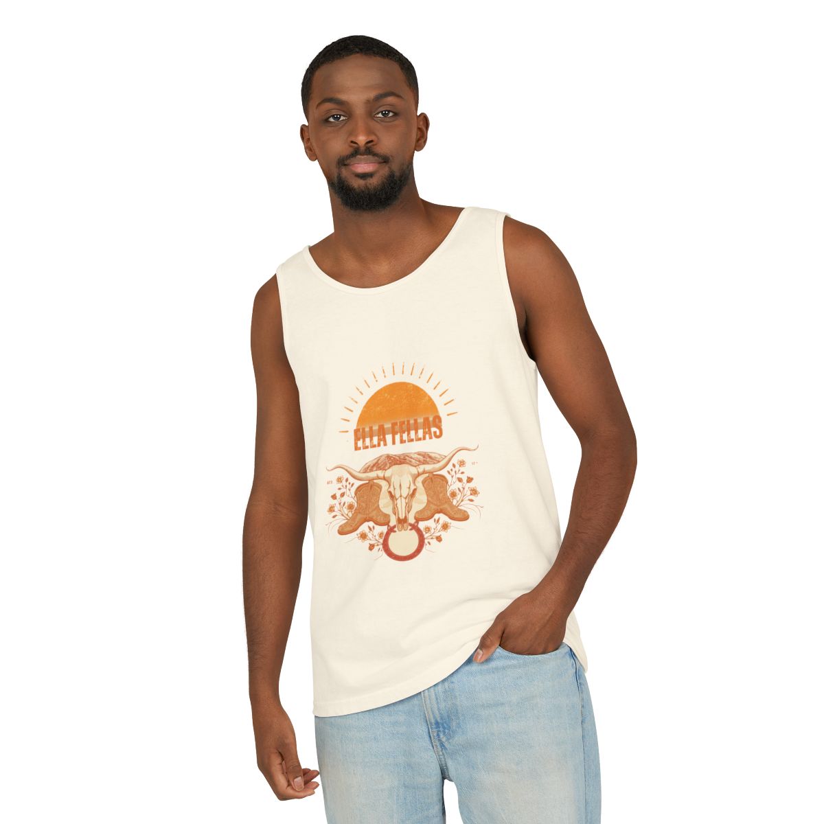 Man wearing the Ella Fellas Longhorn Sunburst tank top