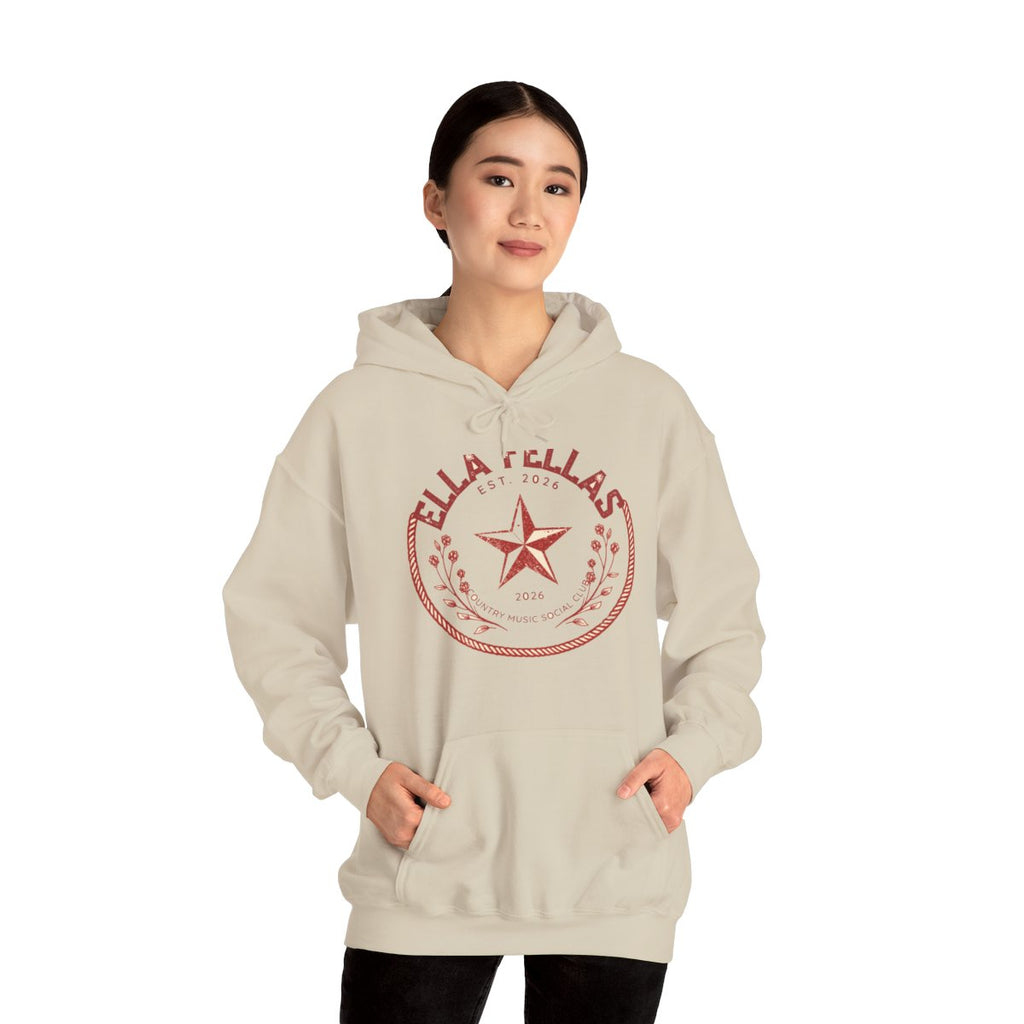 Woman wearing the Ella Fellas Rope Badge hoodie