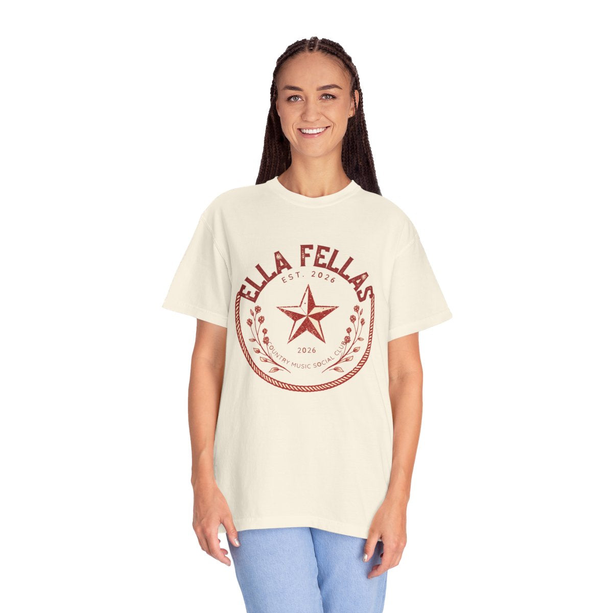 Woman wearing the Ella Fellas Rope Badge tee