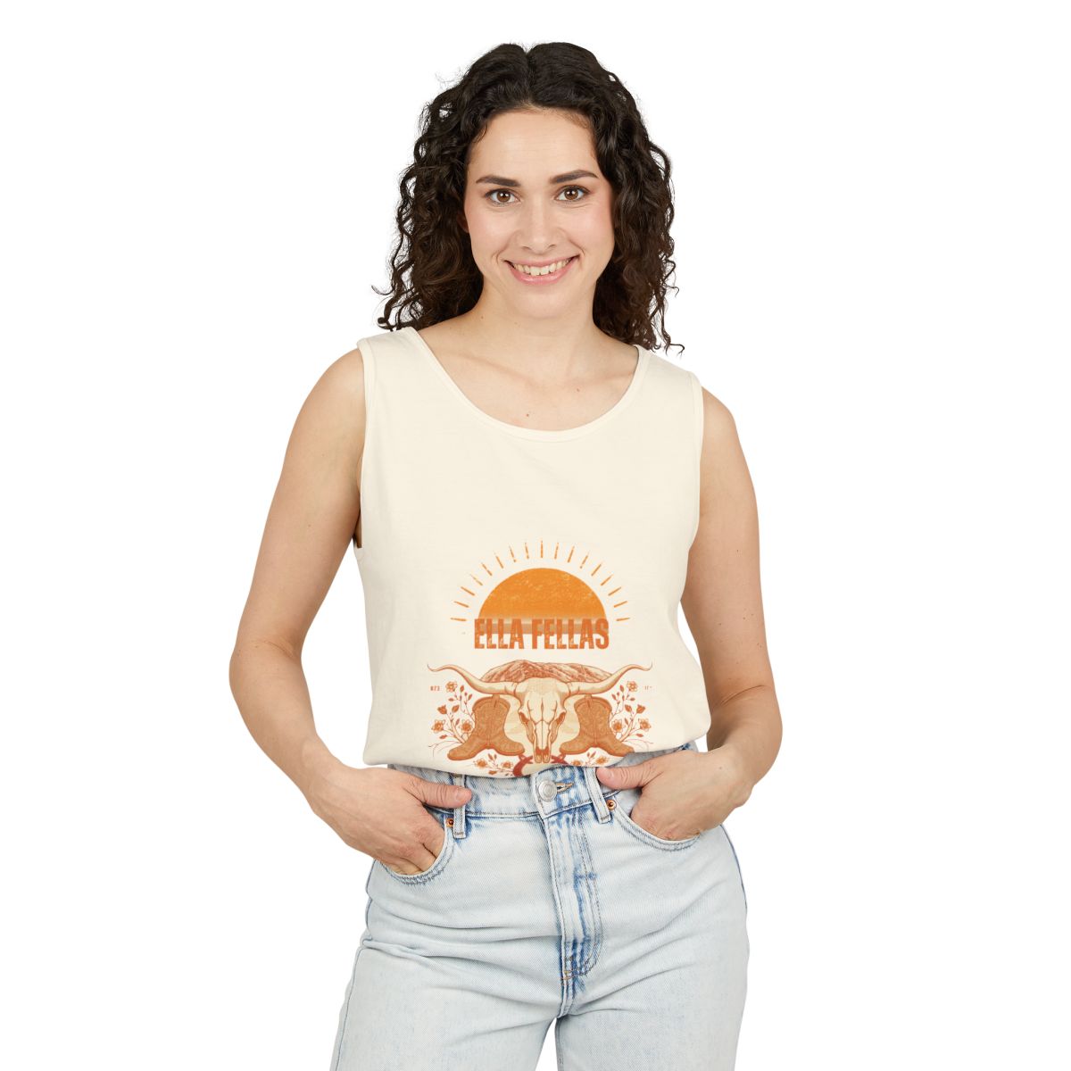 Woman wearing the Ella Fellas Longhorn Sunburst tank top