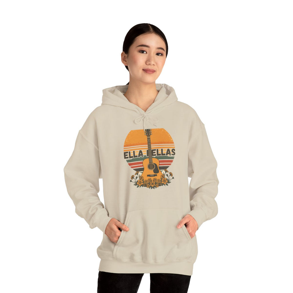 Woman wearing the Ella Fellas Guitar Sunset hoodie