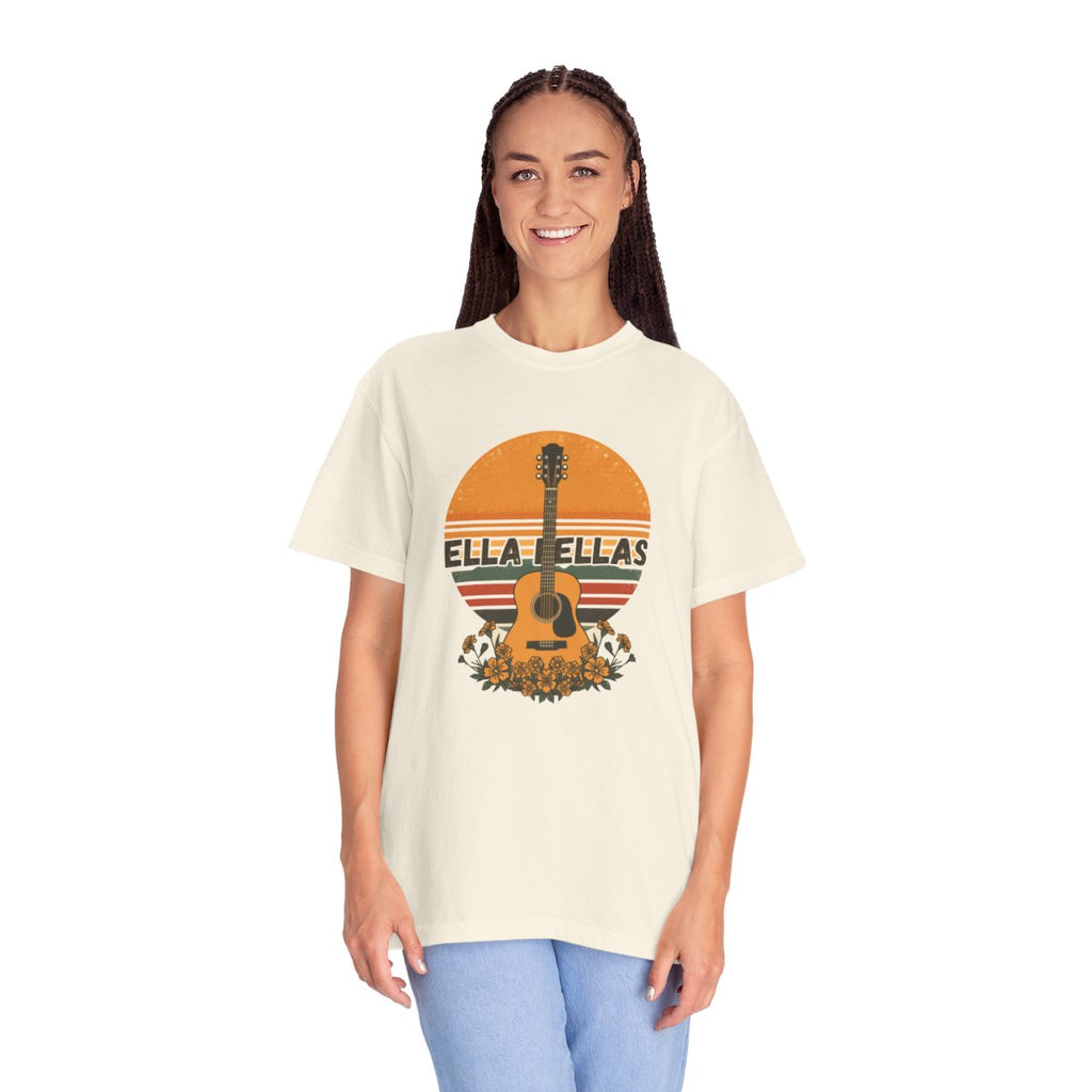 Woman wearing the Ella Fellas Guitar Sunset tee