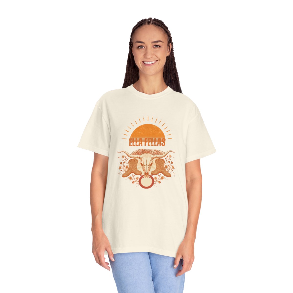 Woman wearing the Ella Fellas Longhorn Sunburst tee