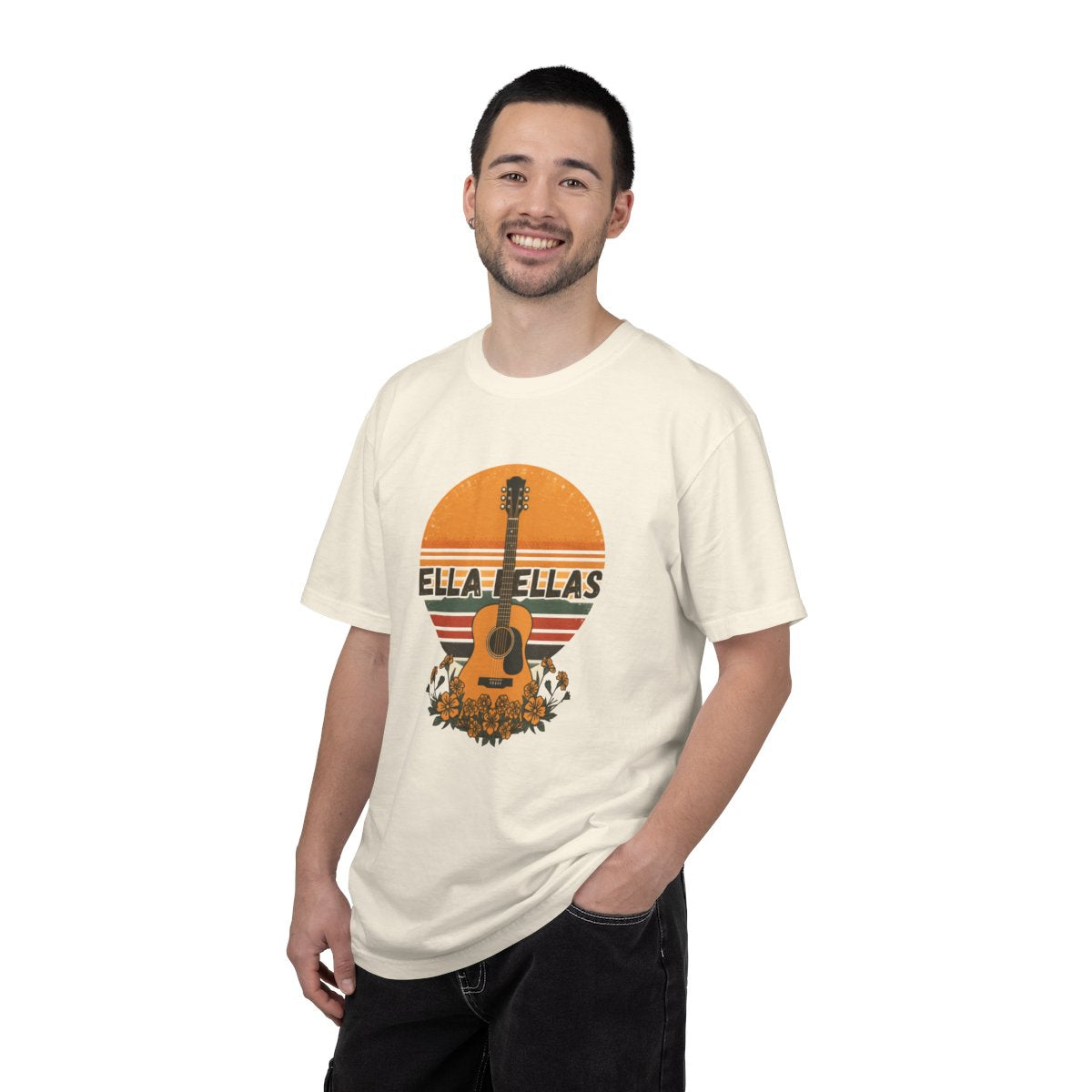 Man wearing the Ella Fellas Guitar Sunset tee