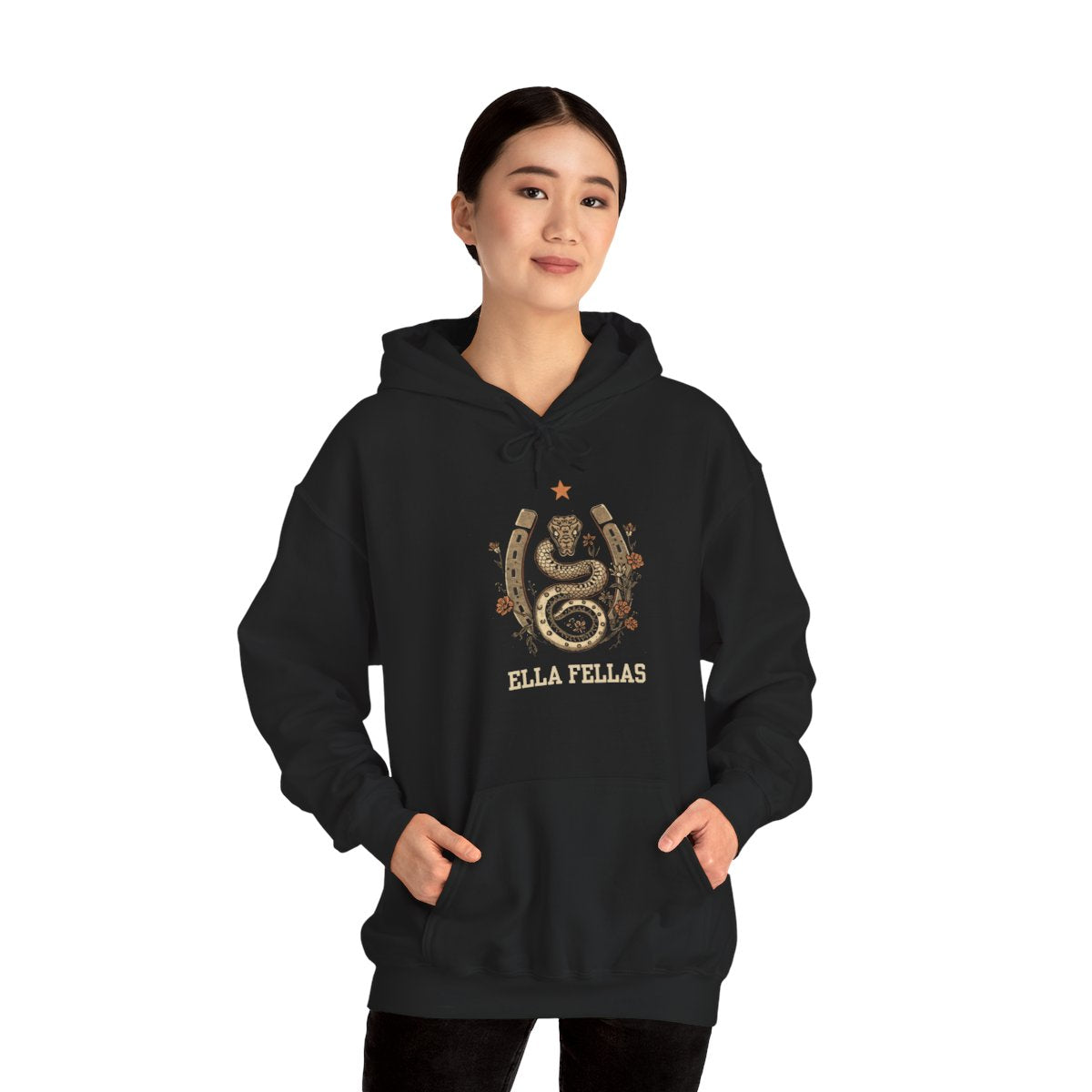 Woman wearing the Ella Fellas Snake and Horseshoe hoodie
