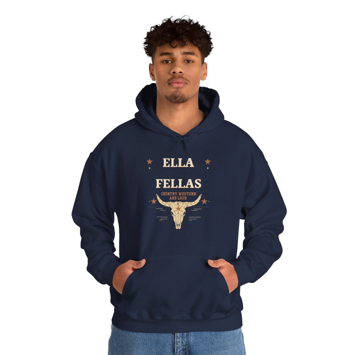 Man wearing the Ella Fellas Rodeo Longhorn hoodie