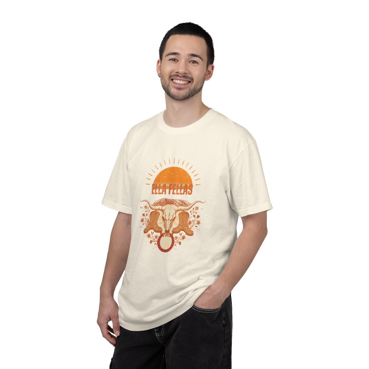 Man wearing the Ella Fellas Longhorn Sunburst tee
