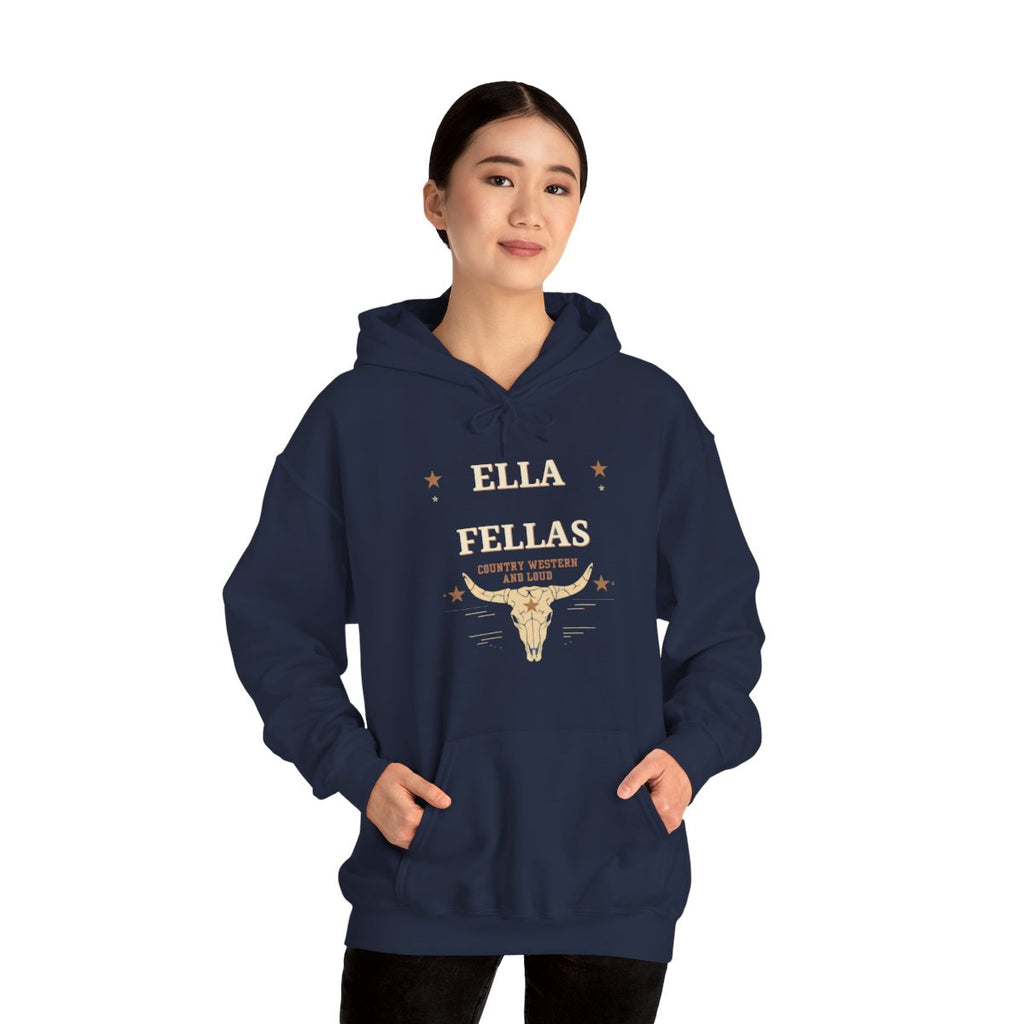 Woman wearing the Ella Fellas Rodeo Longhorn hoodie