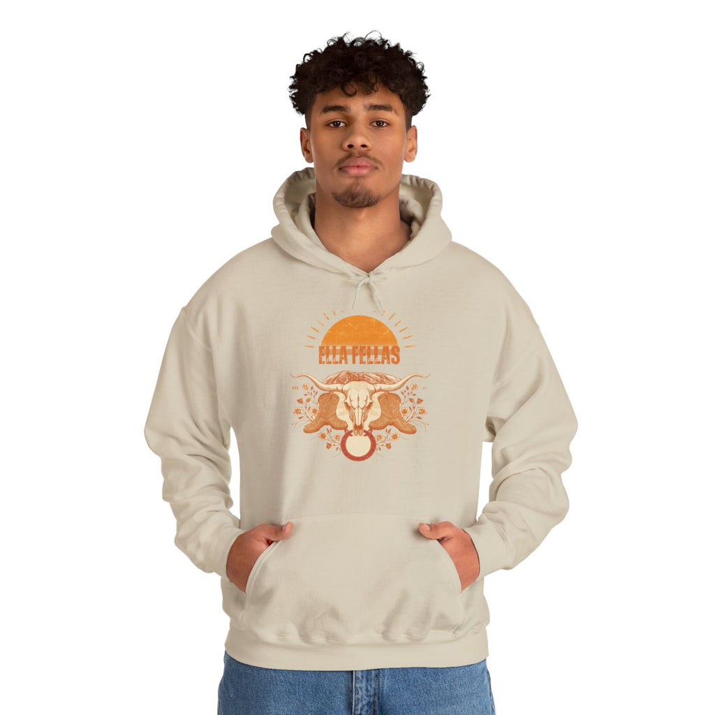 Man wearing the Ella Fellas Longhorn Sunburst hoodie