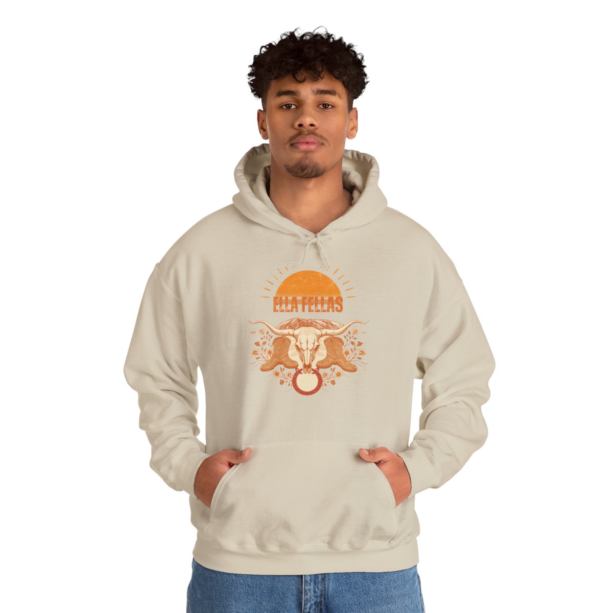 Man wearing the Ella Fellas Longhorn Sunburst hoodie