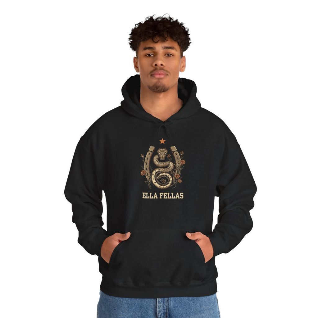 Man wearing the Ella Fellas Snake and Horseshoe hoodie