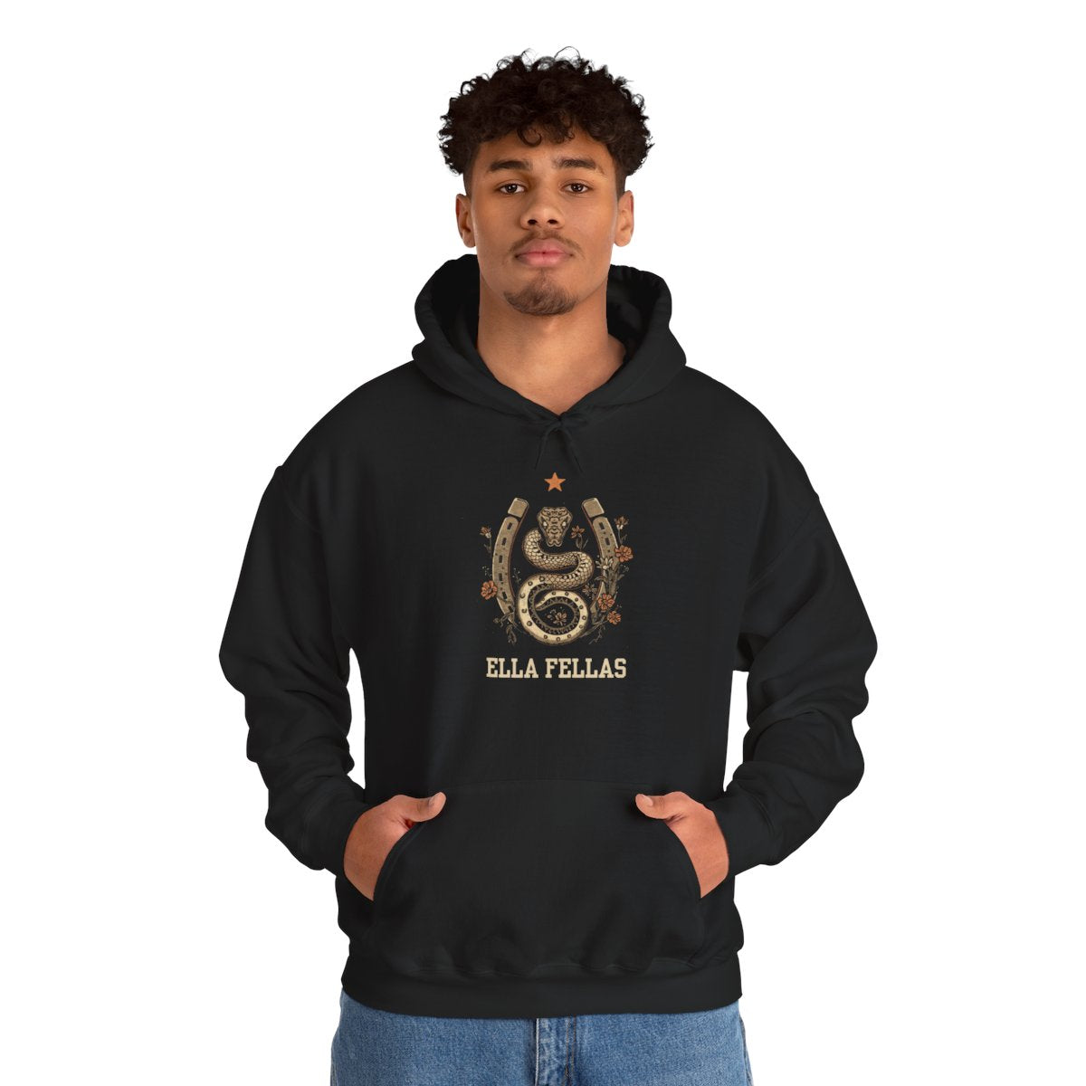 Man wearing the Ella Fellas Snake and Horseshoe hoodie