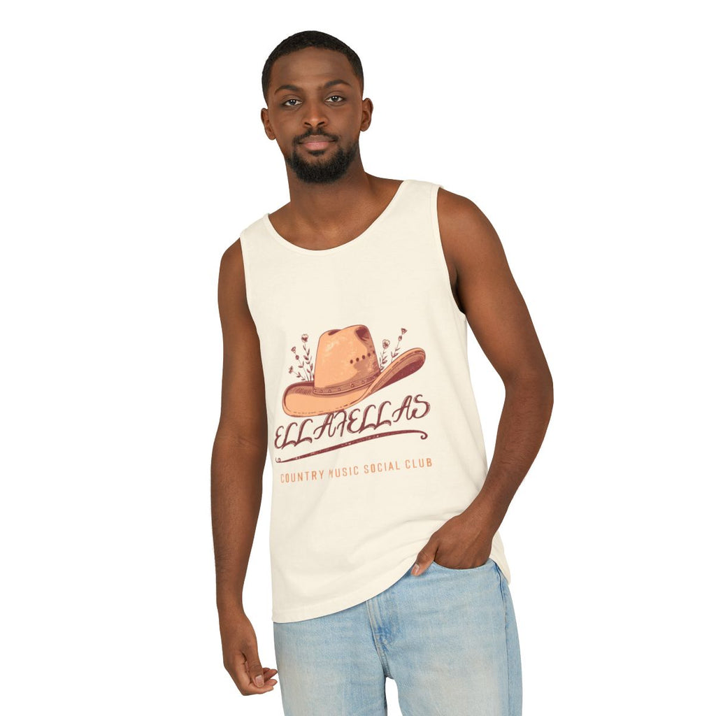 Man wearing the Ella Fellas Cowgirl Hat tank top