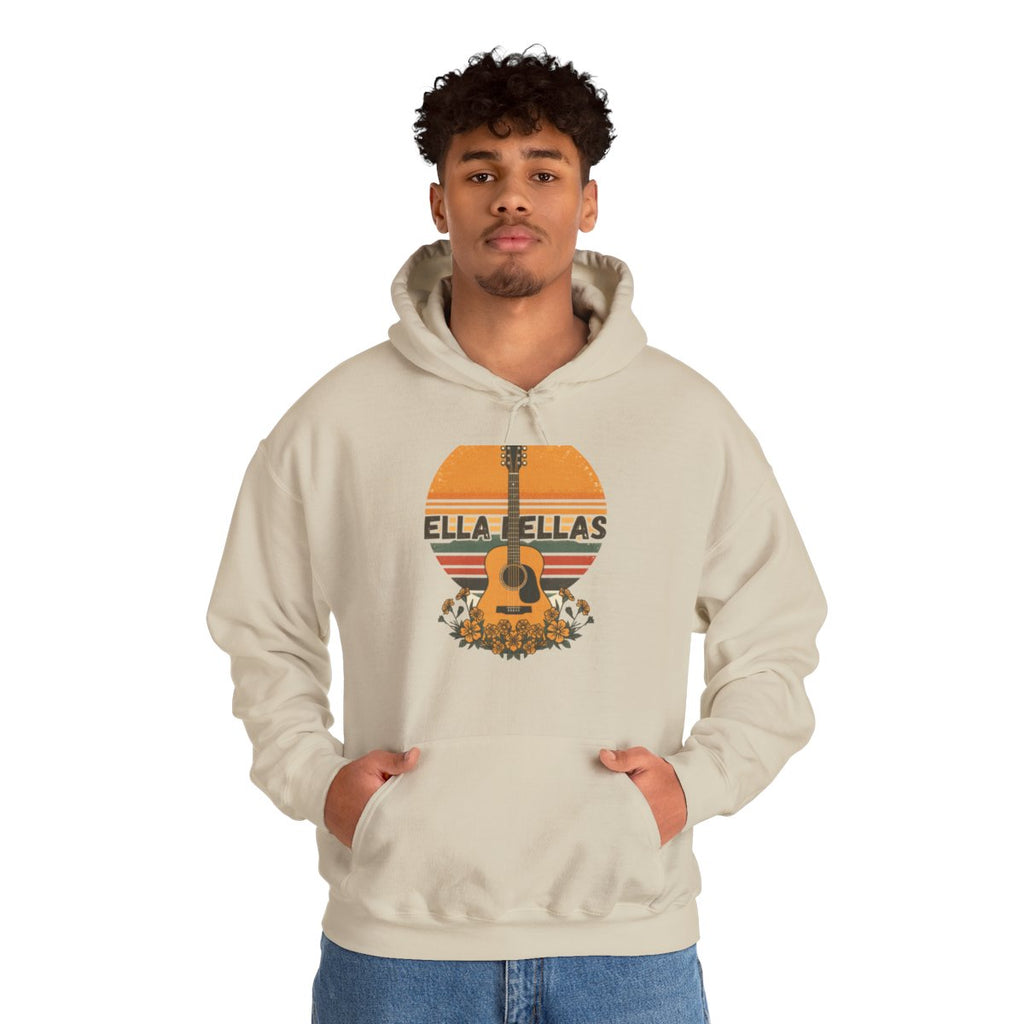 Man wearing the Ella Fellas Guitar Sunset hoodie