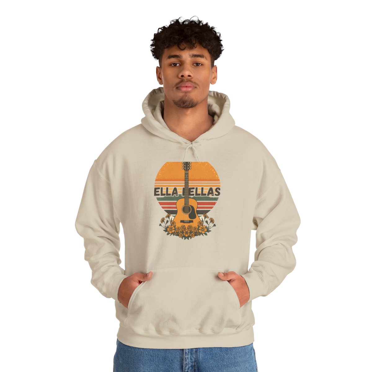 Man wearing the Ella Fellas Guitar Sunset hoodie