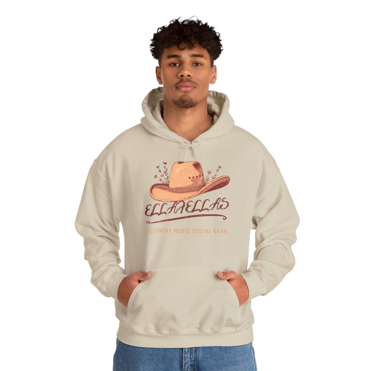 Man wearing the Ella Fellas Cowgirl Hat hoodie