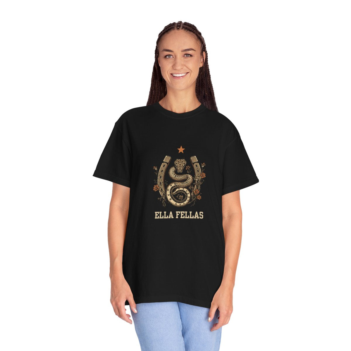 Woman wearing the Ella Fellas Snake and Horseshoe tee