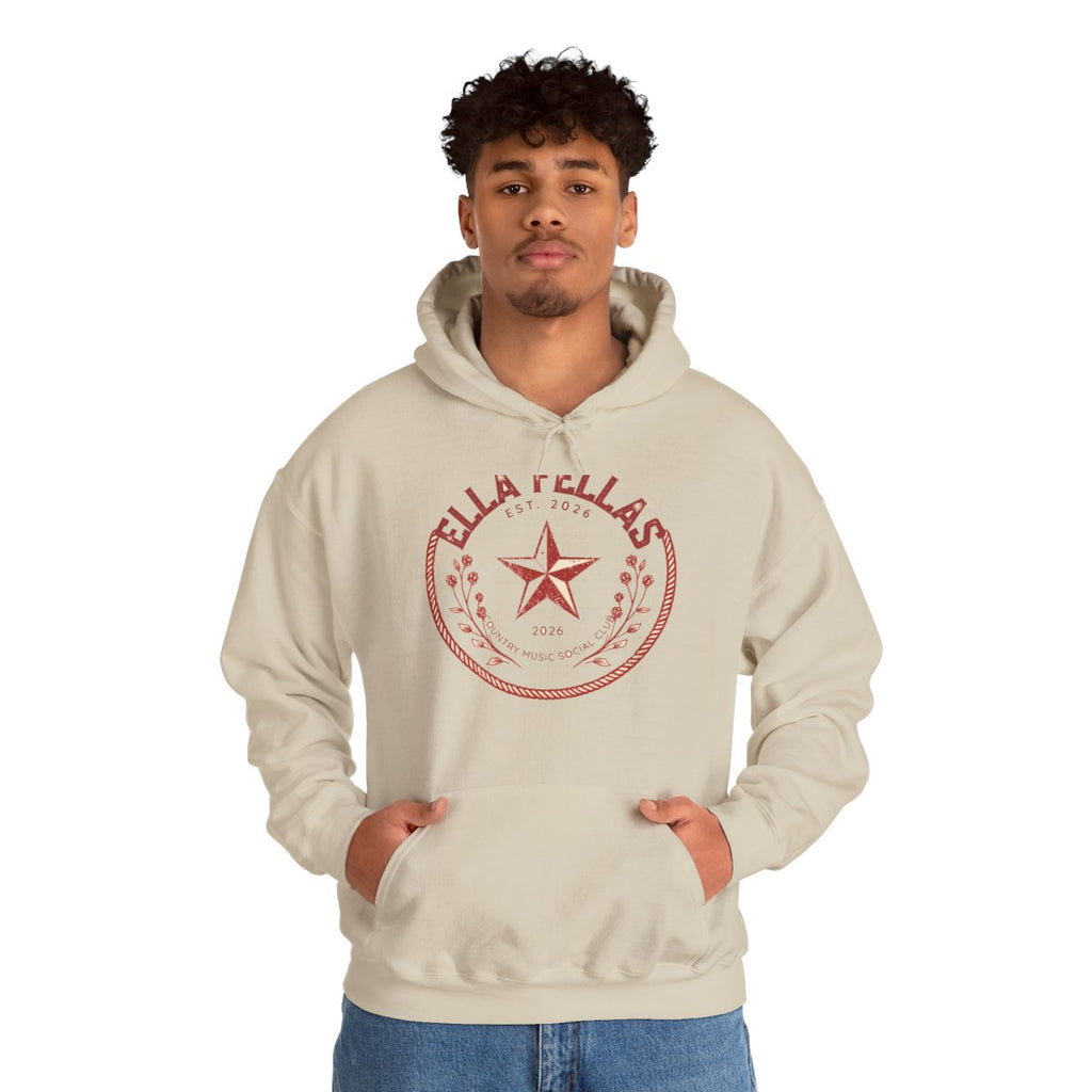 Man wearing the Ella Fellas Rope Badge hoodie